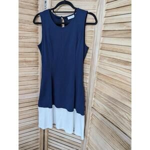 New York & Company Dress Navy Blue White Striped Pockets Cotton Small